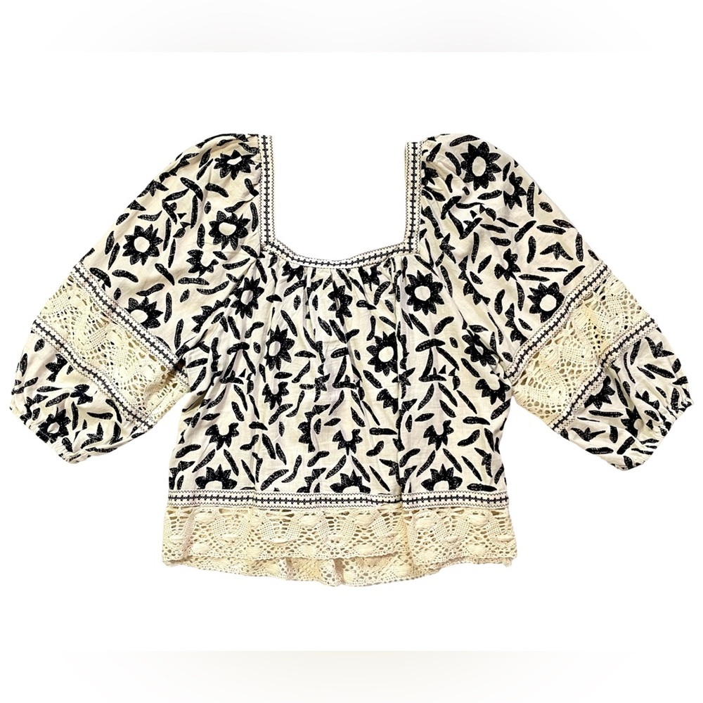Christian Siriano Linen Blend Boho Blouse Large Ivory Black Floral Lace Trim - Picture 4 of 4